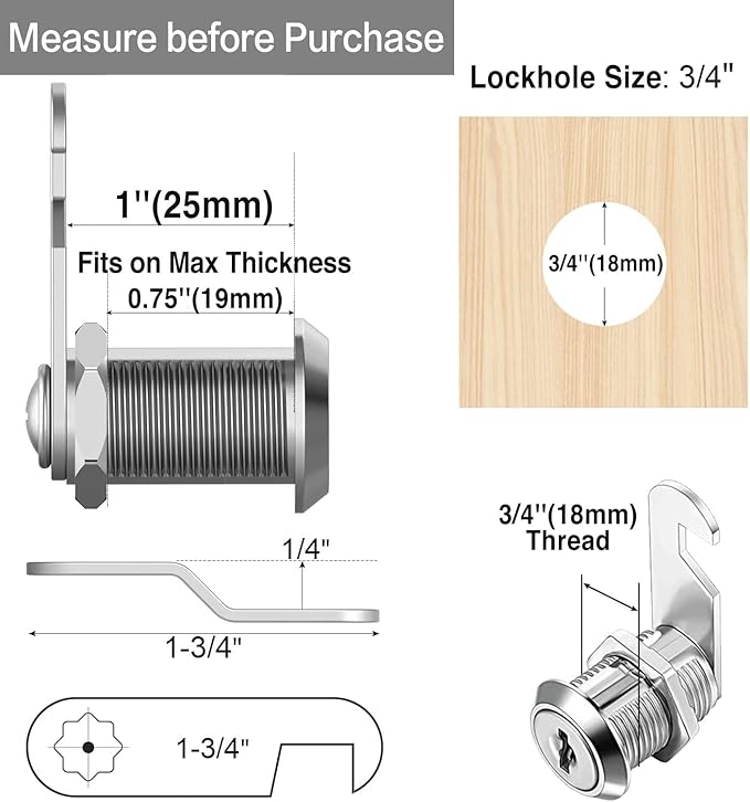Cam Locks Keyed Alike, 1'' Cabinet Lock Fits on 3/4'' Max Door Thickness, Secure File Drawer Mailbox RV Storage Replacement Set, Zinc Alloy (1 Inch 6Pcs)