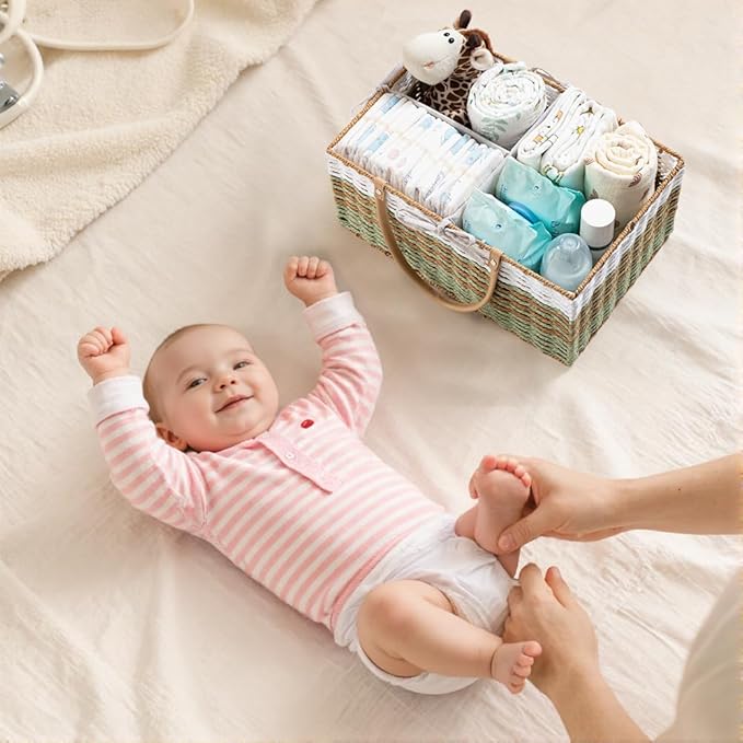 HBlife Large Baby Diaper Caddy Organizer, Paper Rope Storage Baskets Nursery Bin with Removable Divider, Portable Car Organizer for Diapers, Baby Shower Gifts, Newborn Essentials Must Haves