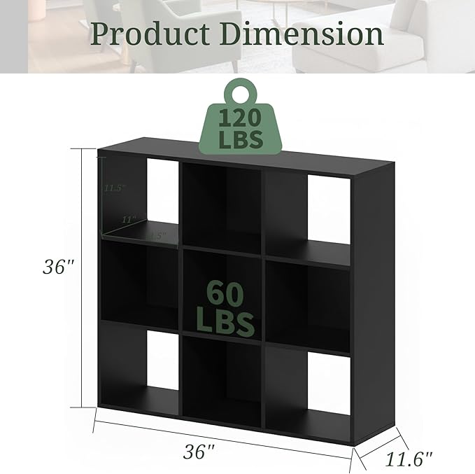 9-Cube Storage Organizer, Black Bookshelf with Open Compartments for Home Office, Modern Bookcase Display Shelf for Living Room, Bedroom & Entryway