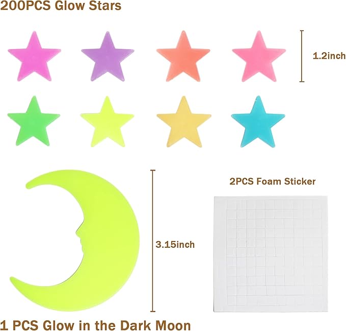 Glow in The Dark Stars Stickers for Ceiling, Adhesive 200pcs 3D Glowing Stars and Moon for Kids Bedroom,Luminous Stickers Create a Realistic Starry Sky,Room Decor,Wall Stickers