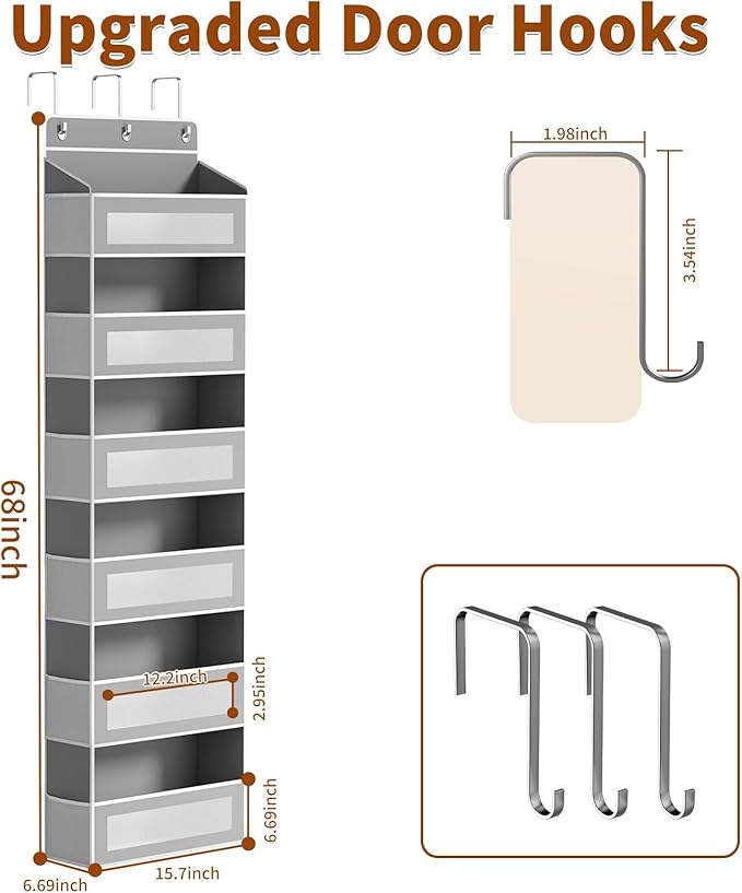 Over The Door Organizer with 6 Large Pockets, Over the Door Storage 12 Side Pockets, Hanging Door Organzier 44 lb Load Behind Door Storage Hanging Shelf for Closet Wall Bathroom Nursery, 6-Tier Grey