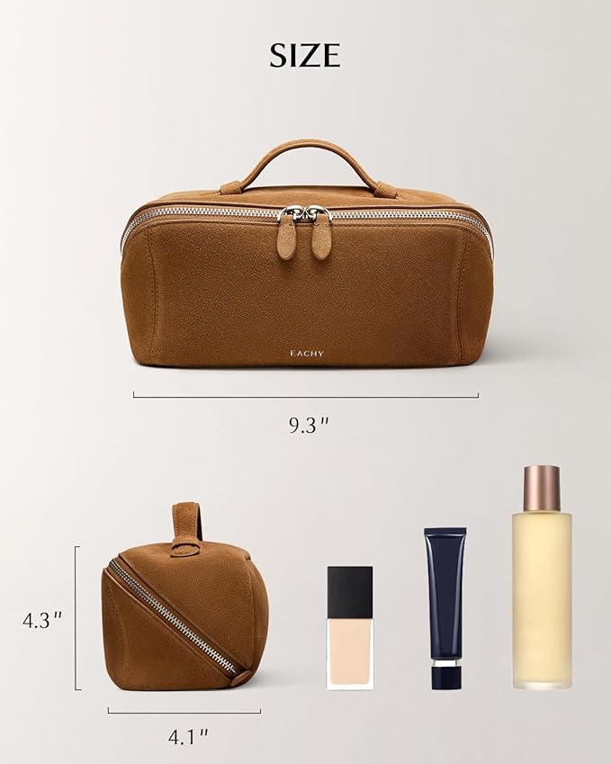 EACHY Travel Makeup Bag, Large Capacity Cosmetic Bag for Women, Waterproof PU Leather, Flat Open Portable Toiletry Bag for Skincare, Brushes & Travel Essentials