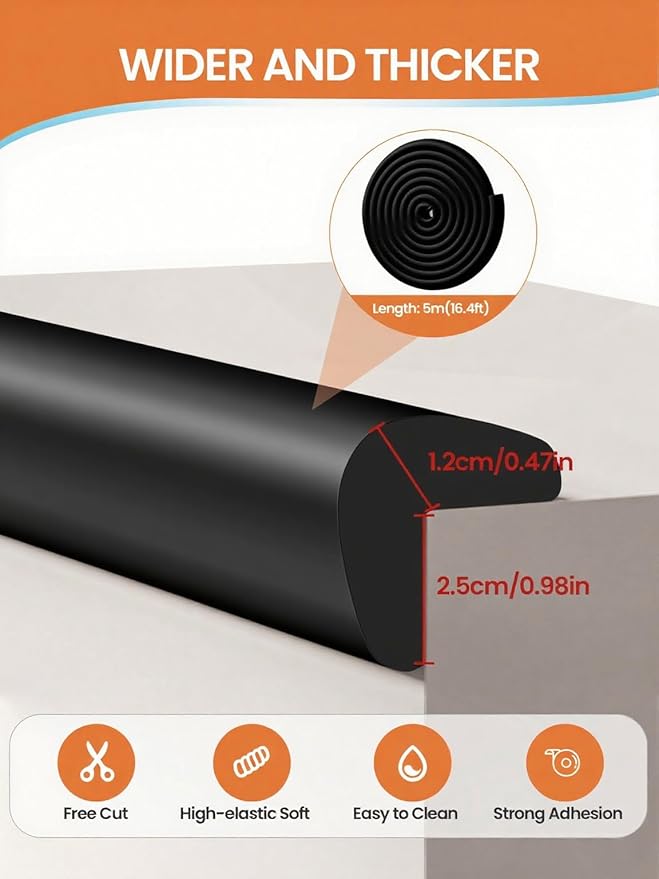 QYV Baby Proof Edge Corner Protector, 16.4FT 0.47''Th L-Shape Furniture Corner & Edge Safety Bumpers with 10 Corners, Pre-Taped, Soft NBR Rubber Foam Desk Edge Cushion Wall Corner Protector (Black)