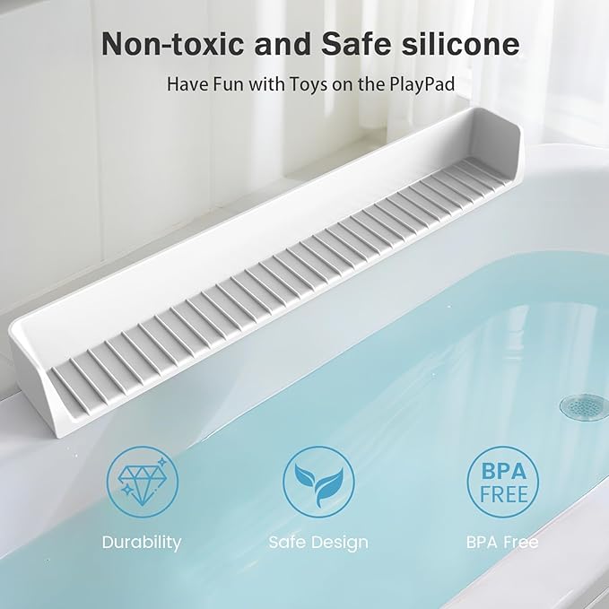 Bathtub Splash Guard PlayPad Shelf Area with Strong Suction Cups, Toy Tray Caddy Holder Storage Over Tub, Bathtub Ledge Guard, No Mess Water, Splash Protection Water Barrier for Bathroom-White