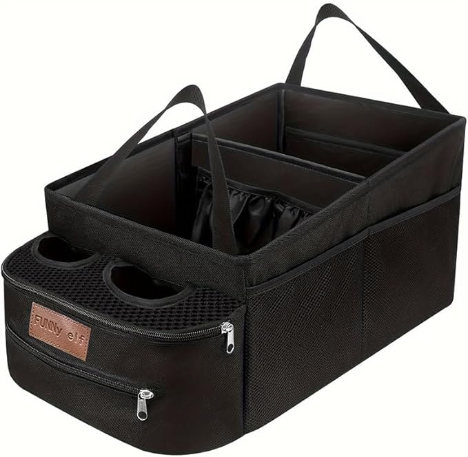 FUNNy elf Car Backseat Organizer for Cars, Collapsible Front Seat Organizer with 4 Cup Holders, Storage Pockets & Dividers, Passenger Seat Organizer for SUV, Truck, Sedan