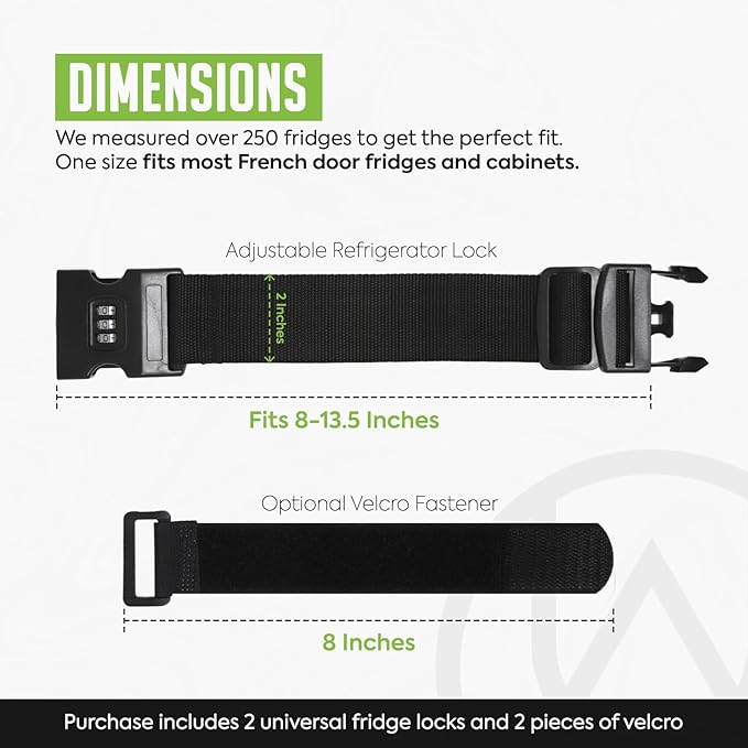Urban August Child-Proof Refrigerator Lock with Combination - Original French Door Fridge Strap Lock for Kids, & Toddlers - Secure, Adjustable, & Easy Installation Cabinet Safety Locks - Pack of 2