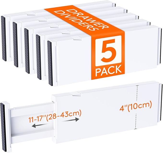 Lifewit 5 Pack Drawer Dividers 4" High, 11-17" Adjustable Dresser Drawer Organizers for Clothes, Expandable Drawer Separators in Kitchen/Bedroom/Bathroom/Vanity/Office Organization and Storage, White