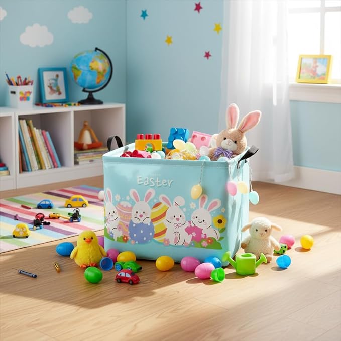TIBAOLOVER Rectangular Easter Basket Easter Basket for Kids Baby Storage Basket Cute Toy Storage Bin Organizer Shelf Book Basket Easter Room Decor(Cartoon Easter Basket)