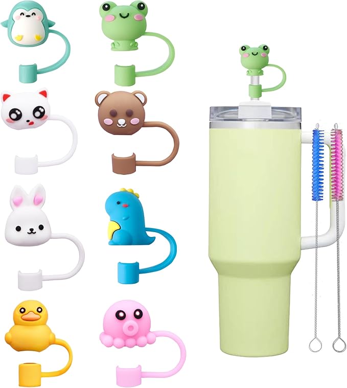 8Pcs Cute 10mm Animal Straw Covers Cap for Stanley Cup,Silicone Straw Toppers Compatible with Stanley 30&40 Oz Tumblers with Handle, Dust-Proof Reusable Lids Tumbler Cup Accessories