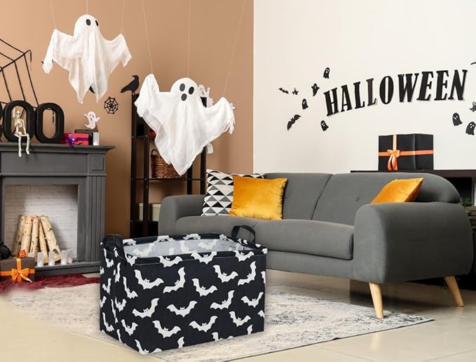 Essme Rectangular Kids Basket,Bat Storage Basket with Handles for Room Decor, Halloween Baskets,Cute Storage Bin（Bat）