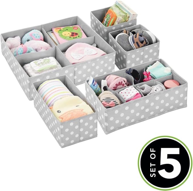 mDesign Soft Fabric Dresser Drawer/Closet Divided Storage Organizer Bins for Nursery - Holds Blankets, Bibs, Socks, Lotion, Clothes, Shoes, Toys - Set of 5 - Gray/White Polka Dot