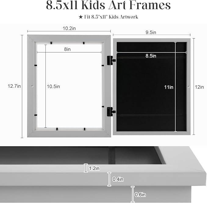 [2-Pack] Kids Art Frames, 8.5x11 Front Opening Kids Artwork Frames Changeable, Gray Artwork Display Storage Frame for Wall, Holds 50 Pcs, for 3D Picture, Crafts, Children Drawing, Hanging Art,