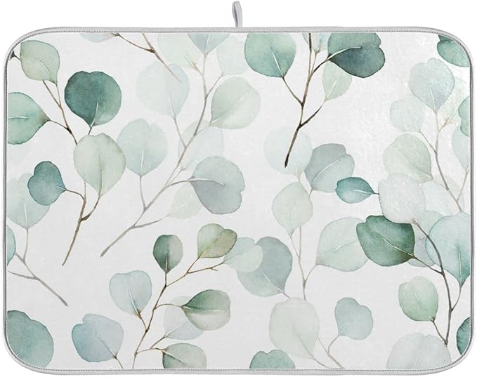 Sage Green Leaves Dish Drying Mat for Kitchen Counter Watercolor Branch Plant Drying Mat 18 x 24 Inch with High Absorbent Reversible Microfiber Dish Drying Pad Drainer Mat for Coffee Bar