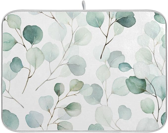 Sage Green Leaves Dish Drying Mat for Kitchen Counter Watercolor Branch Plant Drying Mat 16 x 18 Inch with High Absorbent Reversible Microfiber Dish Drying Pad Drainer Mat for Coffee Bar