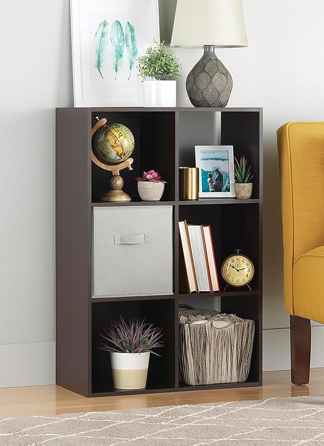 Whitmor 6 Cube Storage Organizer, 3 Tier Stackable Mdf Wood Bookcase, Open Storage Display Bookshelf, Storage Cabinet for Living Room, Bedroom, Home, Office, 23.7"L x 11.7"W x 35.2"H, Espresso