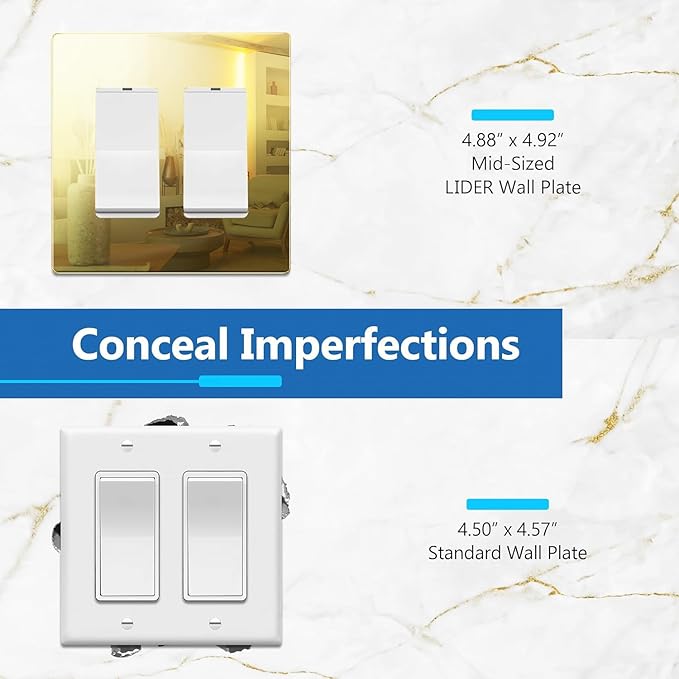 LIDER Double Decorator Wall Plate, Impact Resistant, Mirrored Acrylic, Plexiglass, Reflective Finish, Modern Upgrade, Screwless Light Switch/Outlet Cover, Mid-Size 2-Gang 4.88" x 4.92", Acrylic Gold