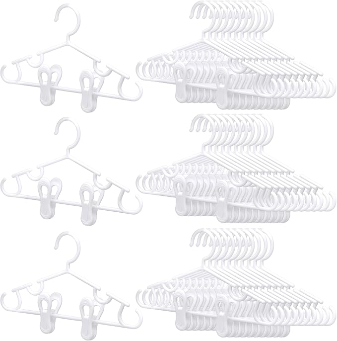 Hsei 5/10/40 Pack Baby Hangers with 10/20/80 Clips, Plastic Kids Pants Hangers for Nursery Closet Top and Bottom Clothes Hanger Set for Newborn Infant Toddler(80 Packs Total,White,10.6 Inch)