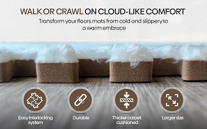 16 Piece Carpet Squares Puzzle Mat 49" x 49" Plush Interlocking Carpet Tiles, Foam Floor Tiles for Baby Play Mat - Kids Soft Play Mats Anti Slip Jigsaw Flooring Playmat Playroom Rug (Brown,Gray,White)