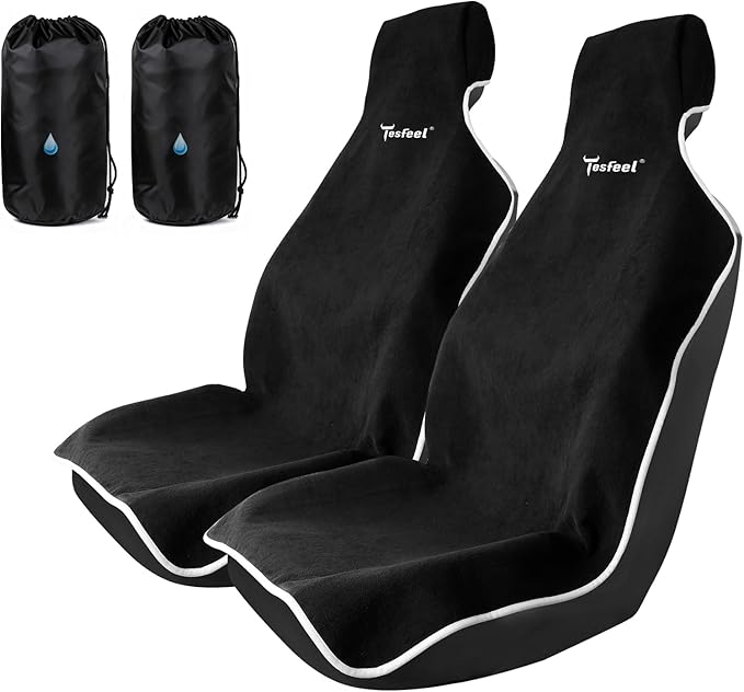 TESFEEL Car Seat Cover Towel, Waterproof Terry Cloth Car Seat Cover Universal Fit for Cars, SUVs, Pickups, Washable Car Seat Protector Brand Customized(Black,2pcs)