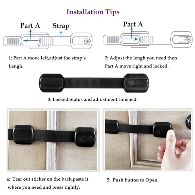 8 Pack Black Child Safety Cabinet Locks - Viaky Adjustable Straps Baby Proof Latches for Drawers, Oven, Refrigerator, Toilet Seat, Closet and Cupboard, Come with 9 Extra Strong Adhesive Pads