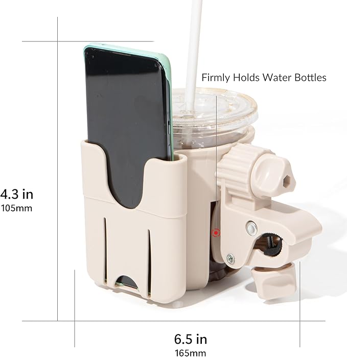 Li & Zhao Universal Stroller Cup Holder - 2-in-1 Wheelchair Cup Holder Adjustable Bike Drink Holder with Phone Holder Accessories for Rollator,Bike,Scooter,Walker(Beige)