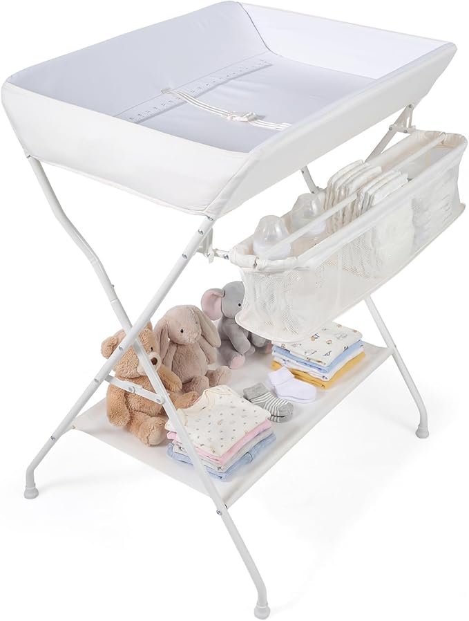 Costzon Changing Table, Portable Baby Changing Table Foldable Diaper Changing Station with Safety Belt, Large Storage Rack & Shelf, Nursery Organizer for Newborn Infant (Beige)