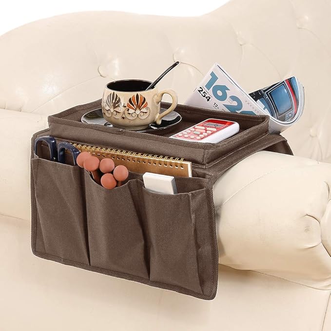 Brown Classic Functional Sofa Caddy Bedside Organizer with 8 Pockets TV Remote Holder Bed Storage Pocket Bag for Cellphone Tablet Notepad Book Magazines DVD Glasses