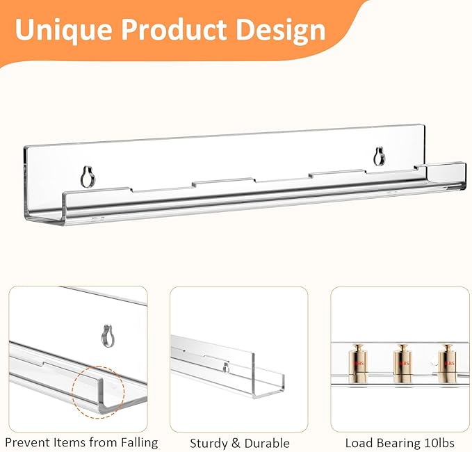 8 Pack Vinyl Wall Mount Shelf, 12" Vinyl Record Holder, Clear Record Shelf Display and Storage, Acrylic Shelves for Wall, Nursery, Living Room, Bedroom