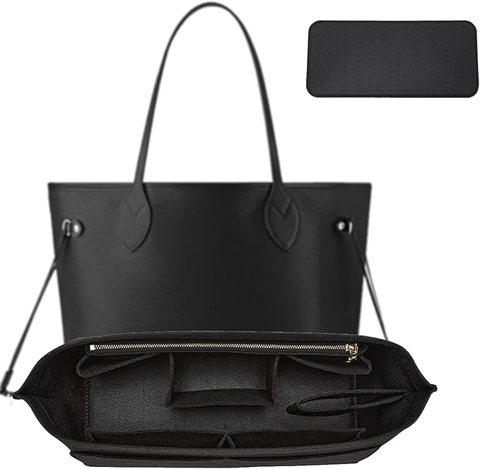 Purse Organizer Insert with Base Shaper,Felt Zipper Tote Handbag Organizer Compatible with Lv Neverfull PM, City 30 and More, 10 Compartments, Black/M