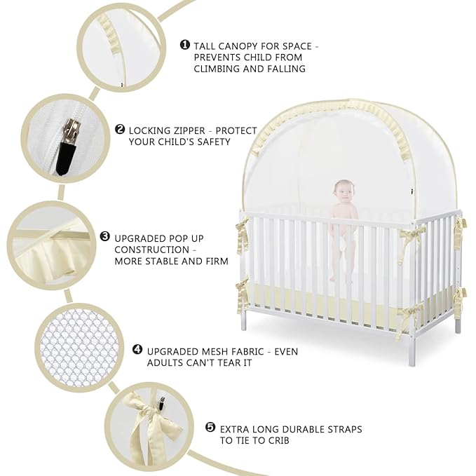 L RUNNZER Baby Safety Crib Tent, Pop Up Canopy for Crib to Stop Baby from Climbing Out, Infant Mesh Cover Mosquito Net with Sturdy Frame & Soft Mesh, Beige, (R07-beige)