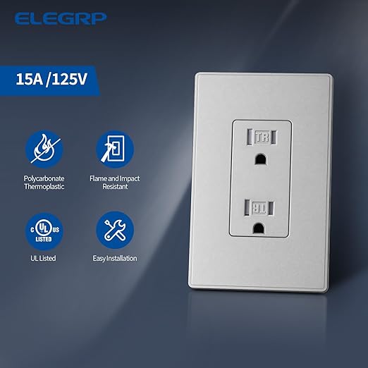 ELEGRP Matte Gray Decorator Electrical Wall Receptacle Outlet, TR Tamper Resistant Outlet, 15A 125V, 2 Pole 3 Wire, NEMA 5-15R, Self-Grounding, Mid Wall Plate Included, UL Listed, 1 Pack