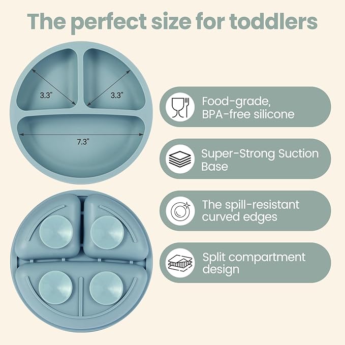 Eascrozn 2 Pack Baby Plates with Suction, 2 Pack Silicone Forks and Spoons Set, Baby Led Weaning Supplies, BPA Free, Toddler Utensils for Feeding Essentials