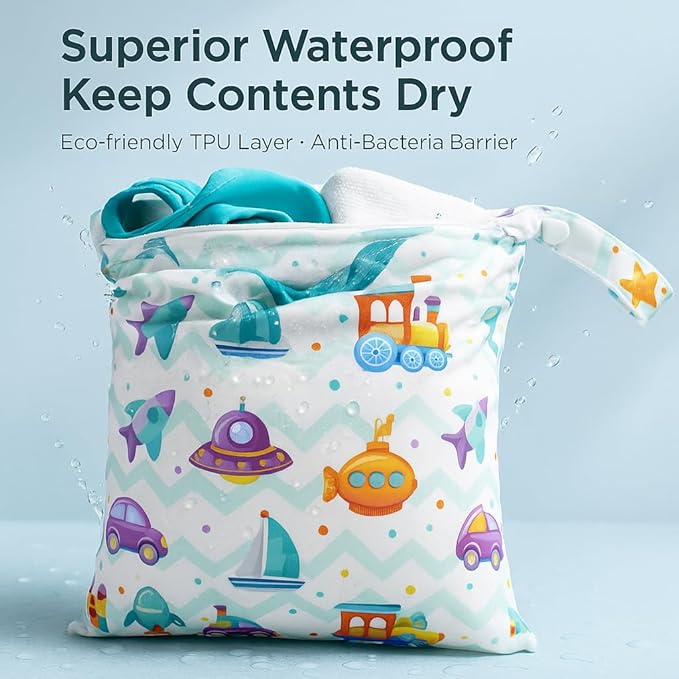 FANALALA Waterproof Wet Dry Bag, Reusable Diaper Pouch with Zipper, Machine Washable Travel Organizer for Beach, Daycare, Kids, Dinosaur Pattern (Purple UFO)
