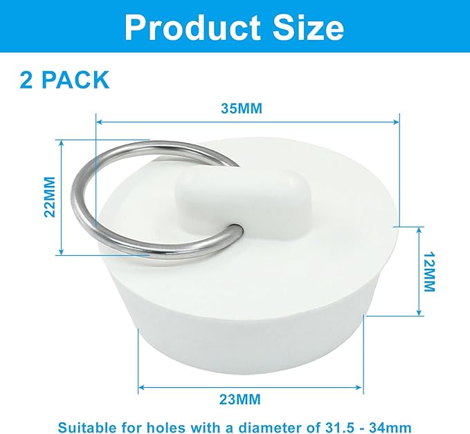 2 Pack Universal Drain Stoppers, Rubber Bathroom Stopper 1-1/4 Inch Bathtub Plug, Hanging Ring Sink Stopper for Bathroom Kitchen Sink Tub