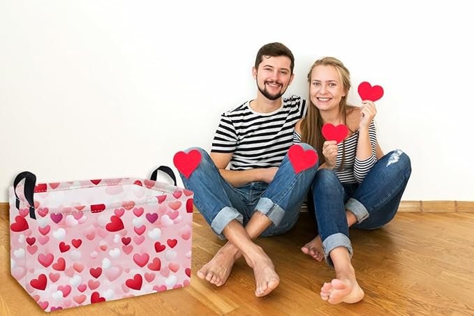 Essme Rectangular Valentine's Day Baskets Girls Storage Box,Pink Heart Storage Bins Organizer with Handles for Girls Room Decor,Gift Basket,Shelf Basket,(Romantic heart)
