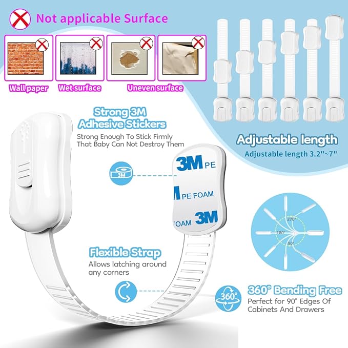 24-Pack Cabinet Locks Baby Proofing - Syican Child Proof Drawer Locks, Multi-Purpose for Drawers, Fridge, Toilet Seat, Trash Can, Ideal Stocking Stuffers, White