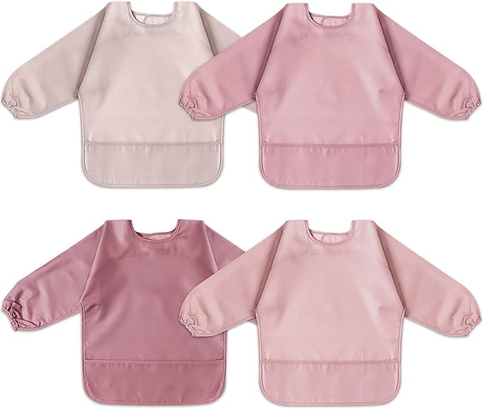 4 Pack Long Sleeve Bib, Reusable Bib with Catch-all Pocket