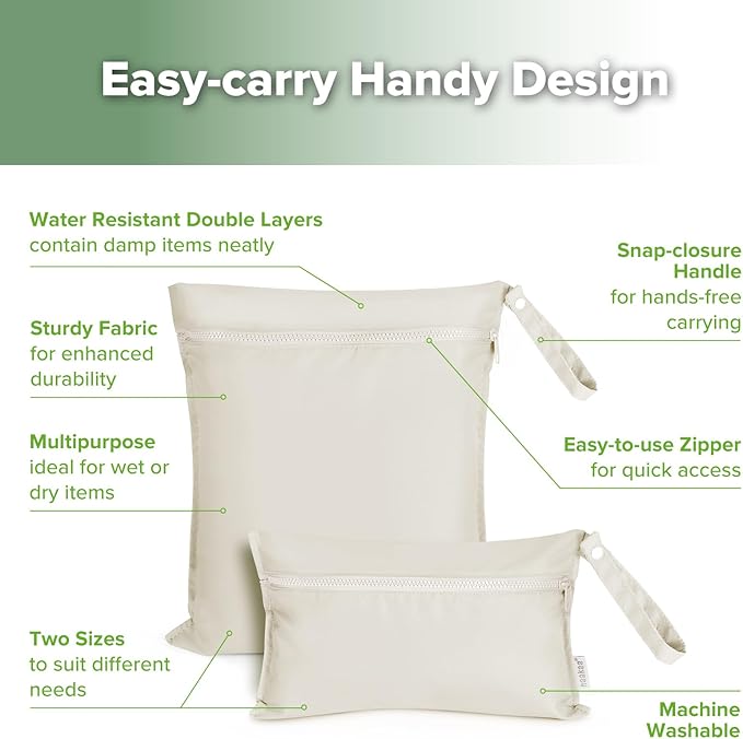 haakaa Water Resistant Wet Bags for Baby Wet Dry Bags for Cloth Diaper, Reusable Wet Bags for Baby Items, Swimsuit & Travel, 2pcs, Beige