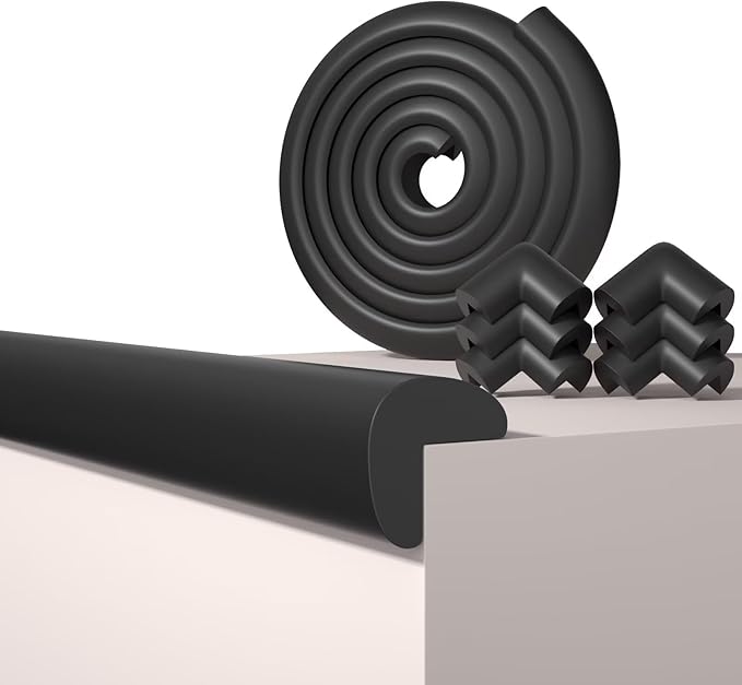 QYV Baby Proof Edge Corner Protector, 6.56FT 0.47''Th L-Shape Furniture Corner & Edge Safety Bumpers with 6 Corners, Pre-Taped, Soft NBR Rubber Foam Desk Edge Cushion Wall Corner Protector（Black）