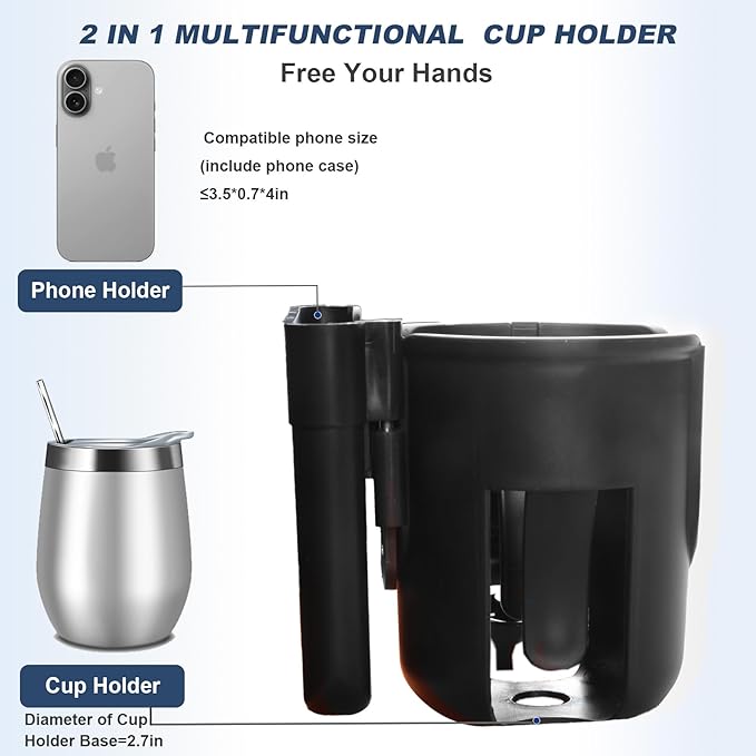 2-in-1 Walker Cup Holder with Reversible Phone Holder，Fit for Wheelchair, Rollator, Scooter, Bike, Mobility, Camper, Stroller with Sturdy,Rotatable,Adjustable and Anti - Slip Clip