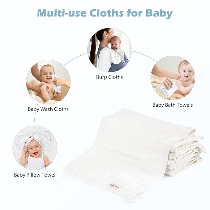 Maliton Muslin Burp Cloths for Baby 6 Pack Large 20''x10'' 100% Cotton Burp Cloths Absorbent and Soft 6 Layers Muslin Baby Stuff for Newborn Unisex(White, Pack of 6)