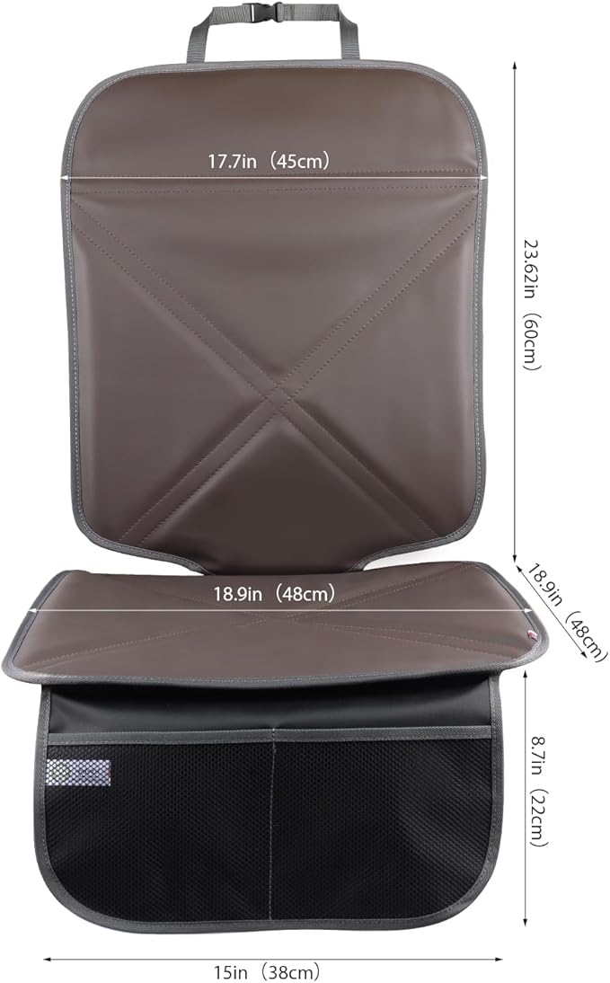 Viaviat Car Seat Protector Leather Waterproof Child Safety Seat Protector Cover with Thick Pad and 2 Large Pockets Durable Kick Mat for All Auto Seat (Brown)