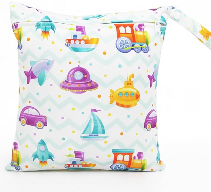 FANALALA Waterproof Wet Dry Bag, Reusable Diaper Pouch with Zipper, Machine Washable Travel Organizer for Beach, Daycare, Kids, Dinosaur Pattern (Purple UFO)