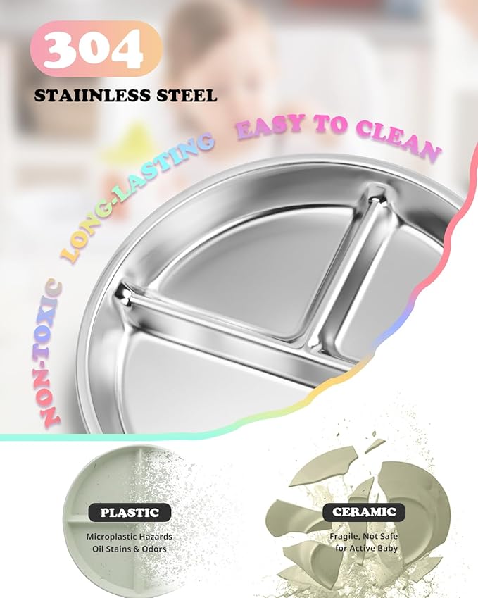 Bakpoco Stainless Steel Kids Plates with Lid 4 Packs, Deepened 9" Portion Control Plate Divided Plate for Adults Bariatric Weight Loss & Diabetic Diet, Non Toxic Unbreakable Toddlers Lunch Dishes