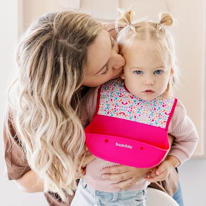 Bazzle Baby Silicone Bibs with Food Catcher - Rolls Up and Button closed for easy travel and storage Waterproof 2-Pk