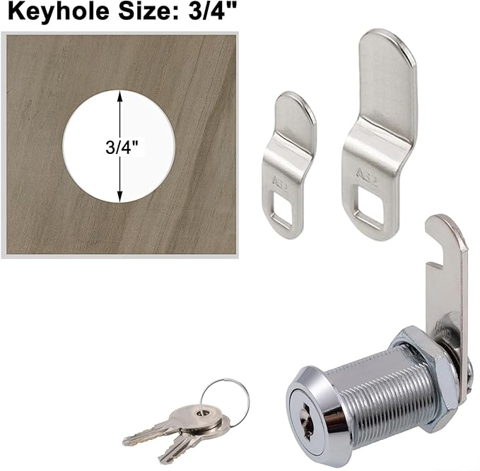 Cabinet Cam Lock, 1-1/8 Inch Keyed Alike Cam Locks Secure File Drawer Door Mailbox Tool Box Dresser RV Cylinder Replacement Lock Hardware, Fits on 1" Max Panel Thickness (2 Pack) Chrome Finish