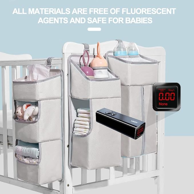 Hanging Diaper Caddy Organizer for Baby Crib - 3-in-1 Diaper Stacker for Changing Table Nursery Organization Storage Holder for Baby Essentials Attachment Portable Combining (Light grey)