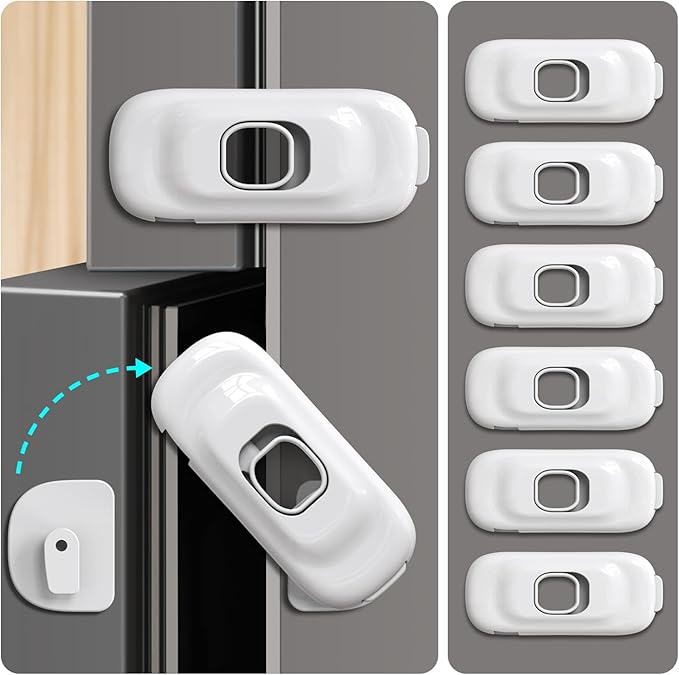 Cabinet Fridge Locks Baby Proofing, 6 Pack Child Proof Cabinet Refrigerator Locks, Baby Child Safety Frigerator Locks for Cabinets, with Strong Adhesive Pad for Draw Kitchen Oven (White, 6 Pack)