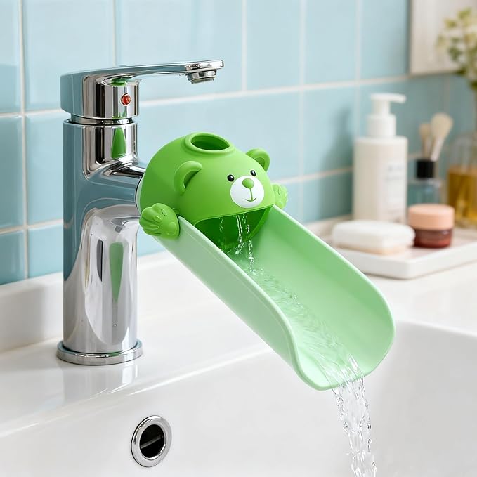 Skyroku Faucet Extender for Kids, Temperature-Sensitive Faucet Spout Extension for Independent Hand Washing - Cute Bear Design, Fits Most Bathroom & Kitchen Sinks (Brown&Green)