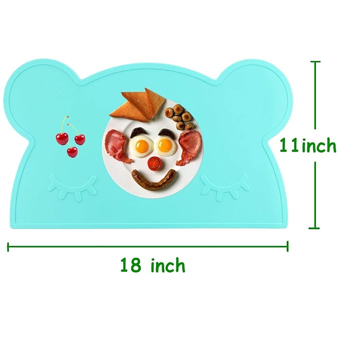 M MOACC Toddlers Non-Slip Silicone Placemat Cute Bear Kids Placemats Washable Dining Table Food Mat for Children Baby,Mint Green